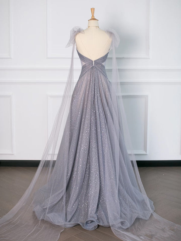 Robe de soirée simple en tulle gris à bretelles spaghetti et ligne A C3757