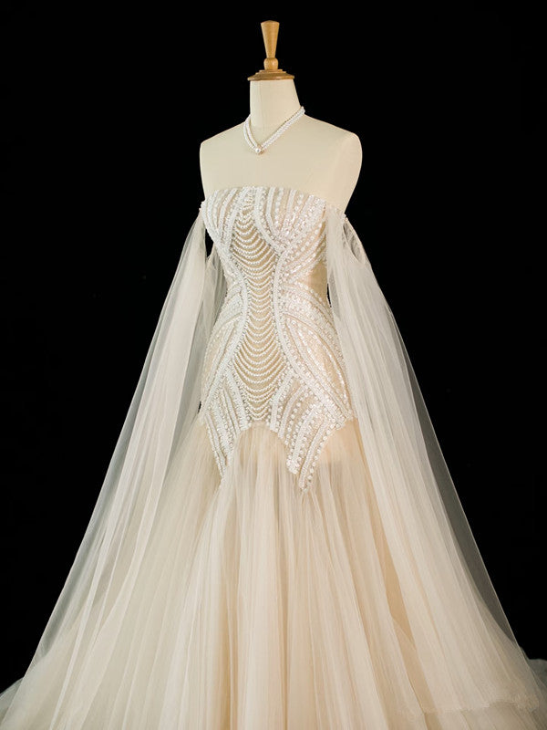 Vintage Mermaid Off The Shoulder Tulle Champagne Wedding Dresses With Pearls C3758