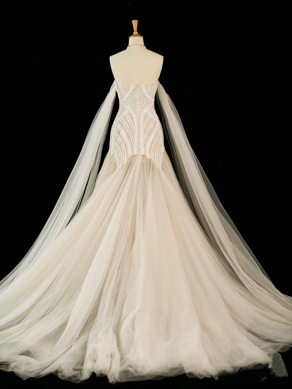 Vintage Mermaid Off The Shoulder Tulle Champagne Wedding Dresses With Pearls C3758