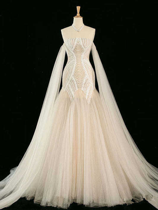 Vintage Mermaid Off The Shoulder Tulle Champagne Wedding Dresses With Pearls C3758