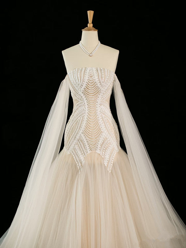 Vintage Mermaid Off The Shoulder Tulle Champagne Wedding Dresses With Pearls C3758