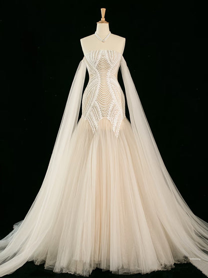 Vintage Mermaid Off The Shoulder Tulle Champagne Wedding Dresses With Pearls C3758