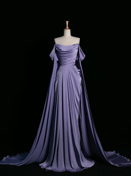 Pretty A Line Off The Shoulder Grape Satin Long Prom Dresses Party Evening Dress C3760