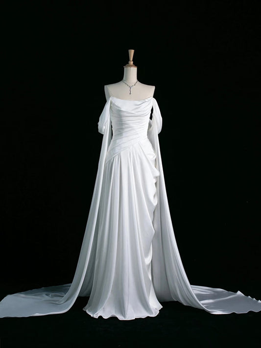 Pretty A Line Off The Shoulder White Satin Long Prom Dresses Party Evening Dress C3761