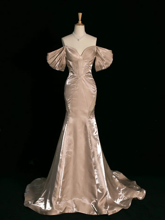 Pretty Mermaid Off The Shoulder Satin Long Champagne Prom Dresses Party Evening Dress C3762