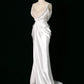 Vintage Mermaid Jewel Neckline White Satin Slit Wedding Dresses With Pearls C3765