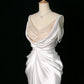 Vintage Mermaid Jewel Neckline White Satin Slit Wedding Dresses With Pearls C3765