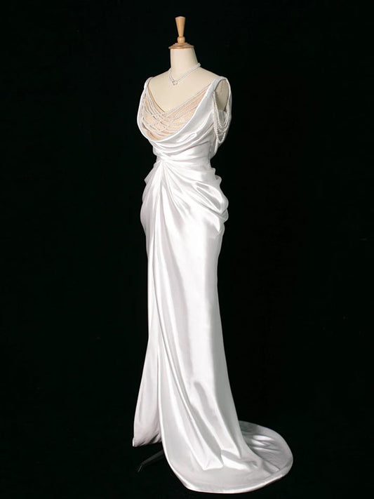Vintage Mermaid Jewel Neckline White Satin Slit Wedding Dresses With Pearls C3765