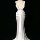 Vintage Mermaid Jewel Neckline White Satin Slit Wedding Dresses With Pearls C3765