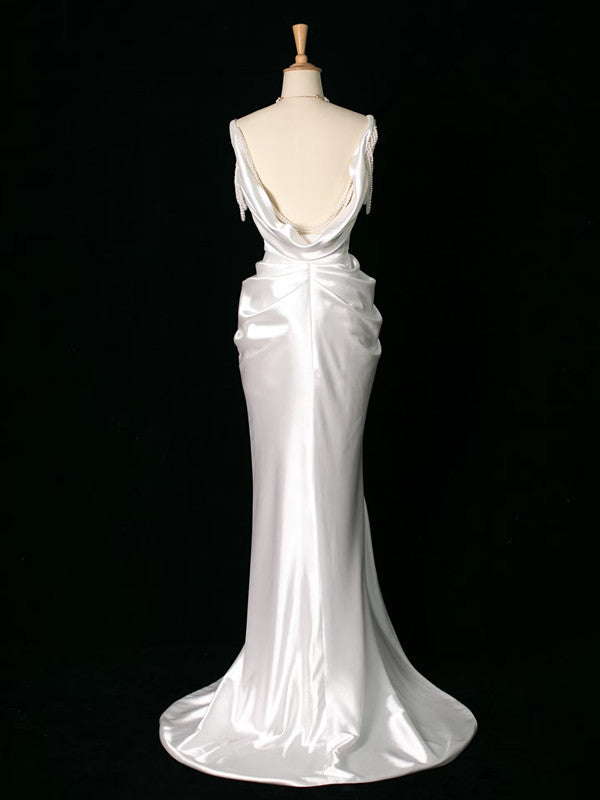 Vintage Mermaid Jewel Neckline White Satin Slit Wedding Dresses With Pearls C3765