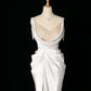 Vintage Mermaid Jewel Neckline White Satin Slit Wedding Dresses With Pearls C3765