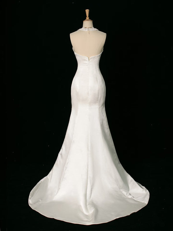 Luxury Mermaid Halter Sleeveless White Satin Wedding Dresses With Pearls C3766