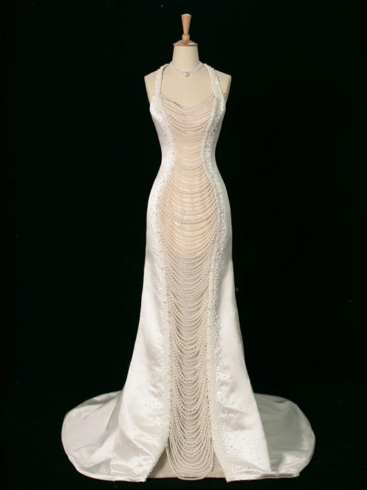Luxury Mermaid Halter Sleeveless White Satin Wedding Dresses With Pearls C3766