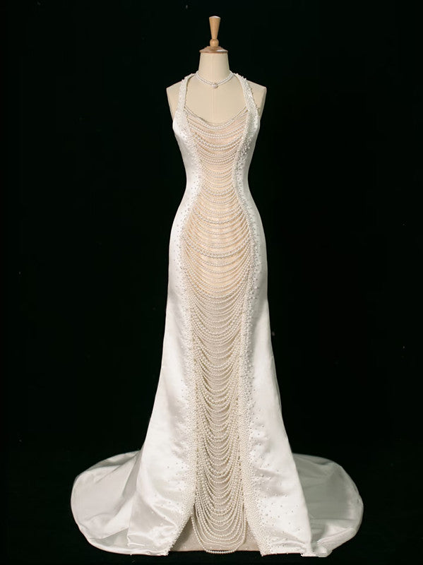 Luxury Mermaid Halter Sleeveless White Satin Wedding Dresses With Pearls C3766