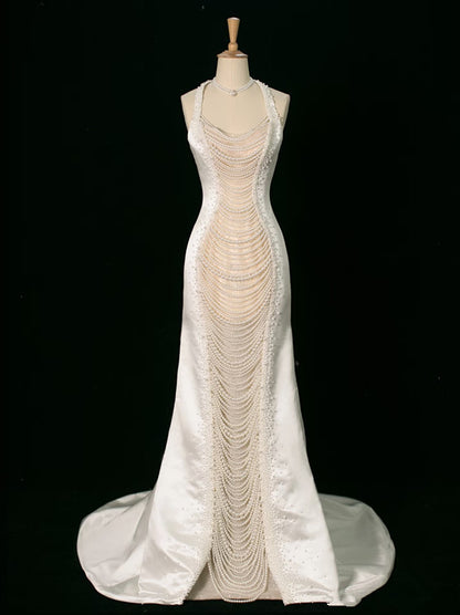 Luxury Mermaid Halter Sleeveless White Satin Wedding Dresses With Pearls C3766