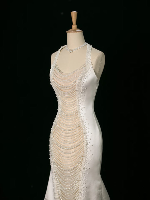 Luxury Mermaid Halter Sleeveless White Satin Wedding Dresses With Pearls C3766