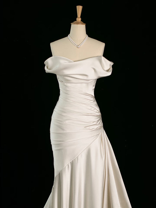 Classy Mermaid Off The Shoulder Ivory Satin Wedding Dresses With Ruffles C3767