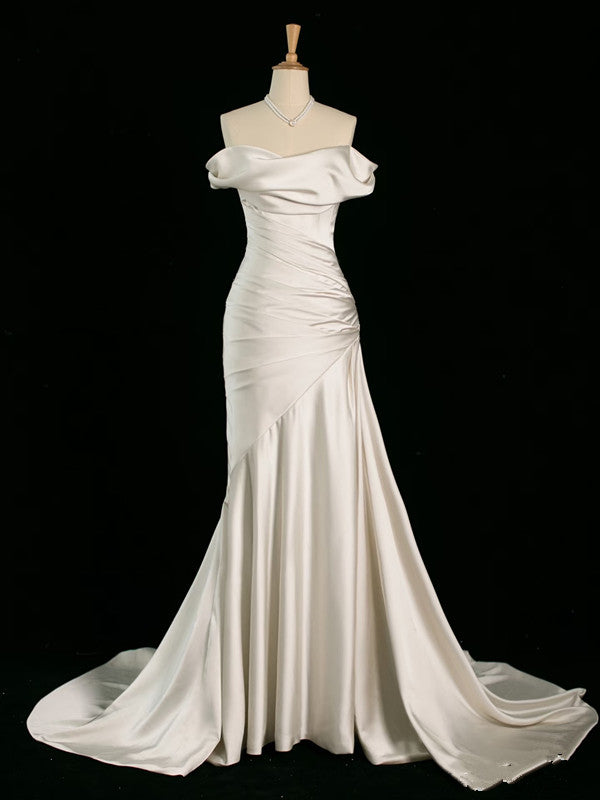 Classy Mermaid Off The Shoulder Ivory Satin Wedding Dresses With Ruffles C3767