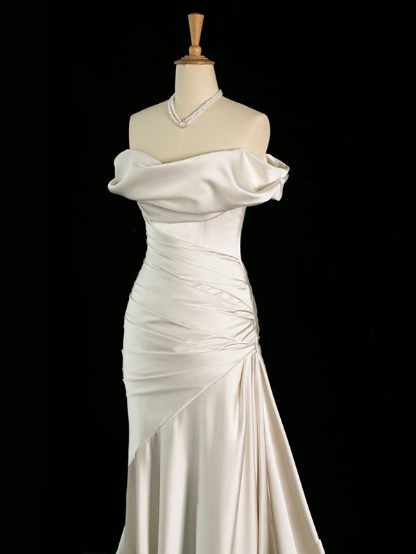 Classy Mermaid Off The Shoulder Ivory Satin Wedding Dresses With Ruffles C3767