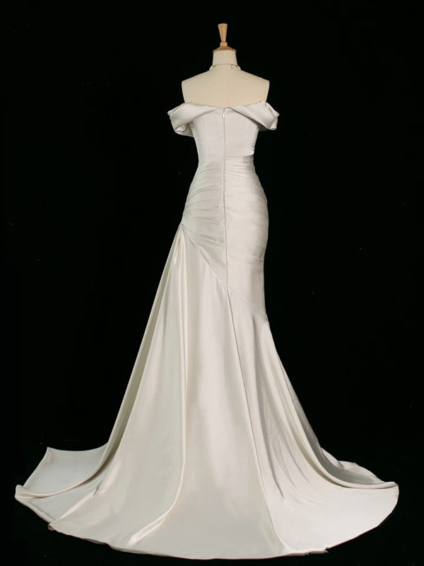 Classy Mermaid Off The Shoulder Ivory Satin Wedding Dresses With Ruffles C3767