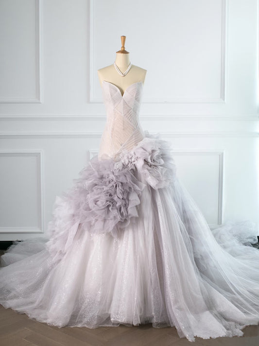 Pretty Mermaid Strapless Lilac Tulle Long Prom Dresses Party Gown Evening Dress C3771