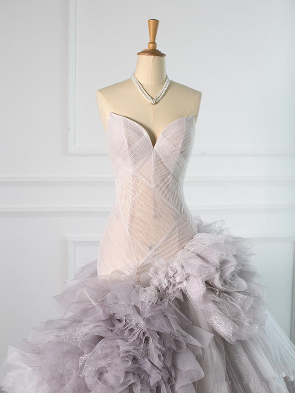 Pretty Mermaid Strapless Lilac Tulle Long Prom Dresses Party Gown Evening Dress C3771