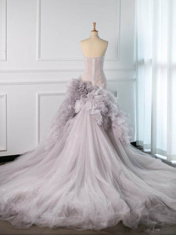 Pretty Mermaid Strapless Lilac Tulle Long Prom Dresses Party Gown Evening Dress C3771