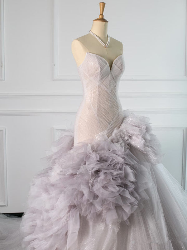 Pretty Mermaid Strapless Lilac Tulle Long Prom Dresses Party Gown Evening Dress C3771