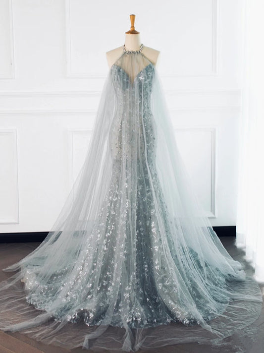 Pretty Mermaid High Neckline Sequin Long Prom Dresses Party Gown Evening Dress C3774