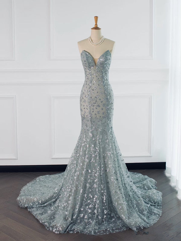 Pretty Mermaid High Neckline Sequin Long Prom Dresses Party Gown Evening Dress C3774