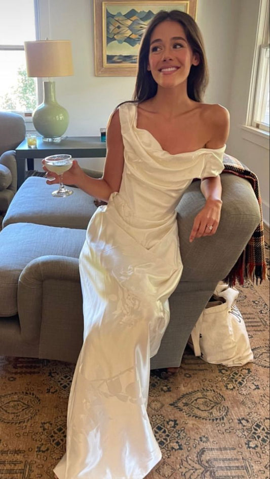 Pretty Sheath Off The Shoulder White Satin Long Prom Dresses Party Evening Dress C3777