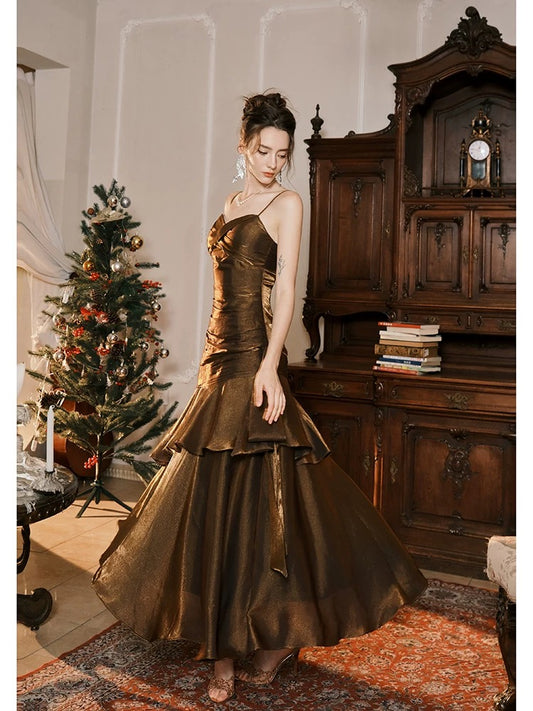 Pretty Mermaid Spaghetti Straps Brown Long Prom Dresses Party Evening Dress C3783