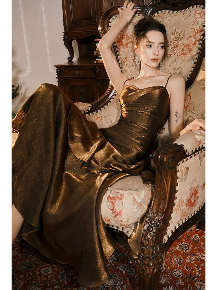 Pretty Mermaid Spaghetti Straps Brown Long Prom Dresses Party Evening Dress C3783