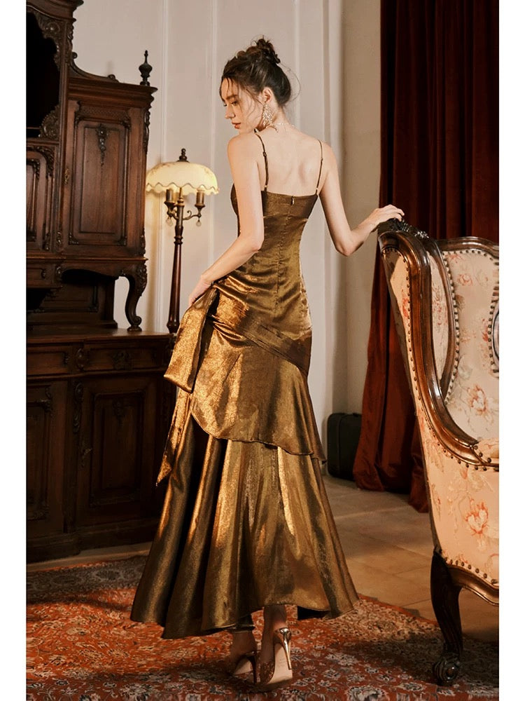 Pretty Mermaid Spaghetti Straps Brown Long Prom Dresses Party Evening Dress C3783