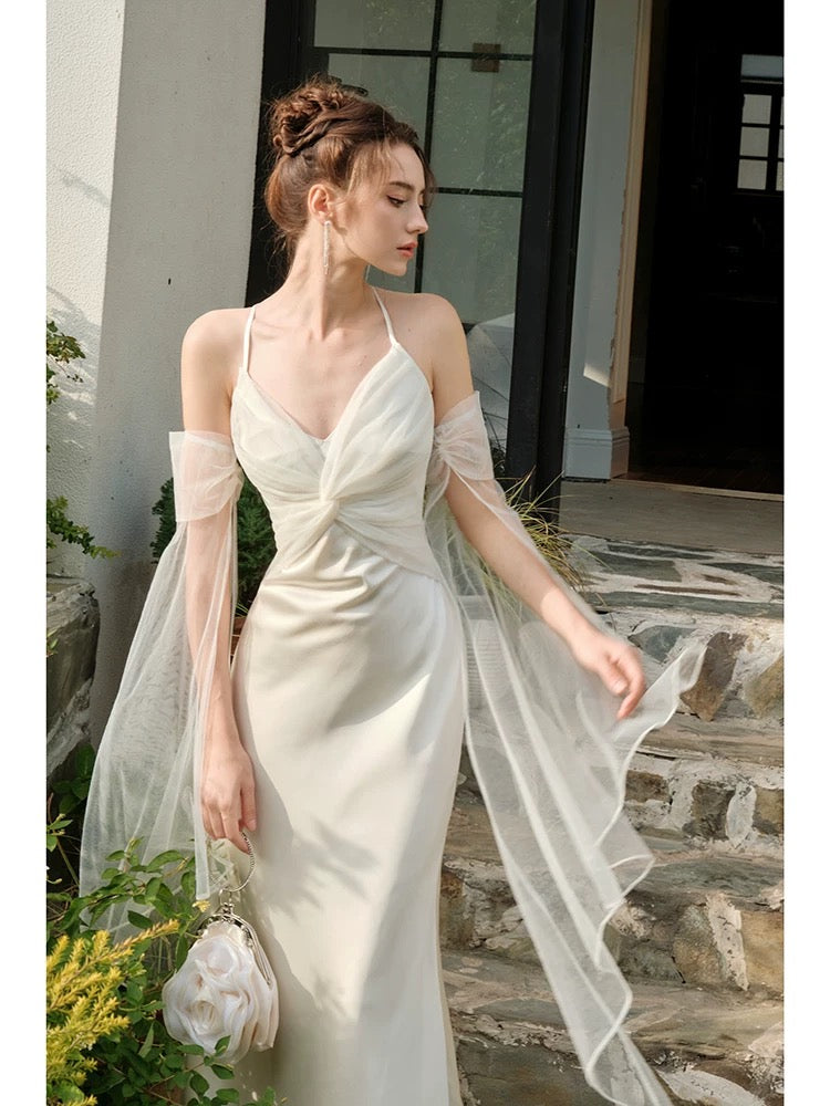 Pretty Mermaid Spaghetti Straps White Long Prom Dresses Party Evening Dress C3784
