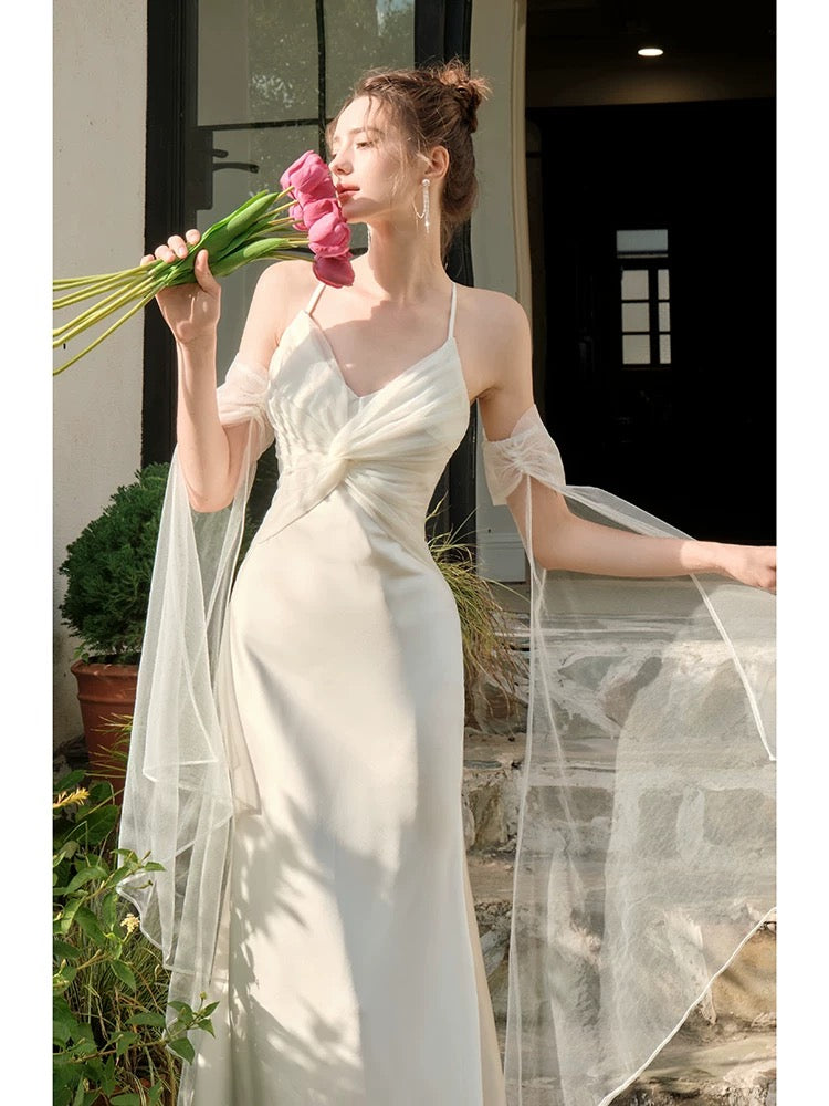 Pretty Mermaid Spaghetti Straps White Long Prom Dresses Party Evening Dress C3784