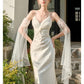 Pretty Mermaid Spaghetti Straps White Long Prom Dresses Party Evening Dress C3784