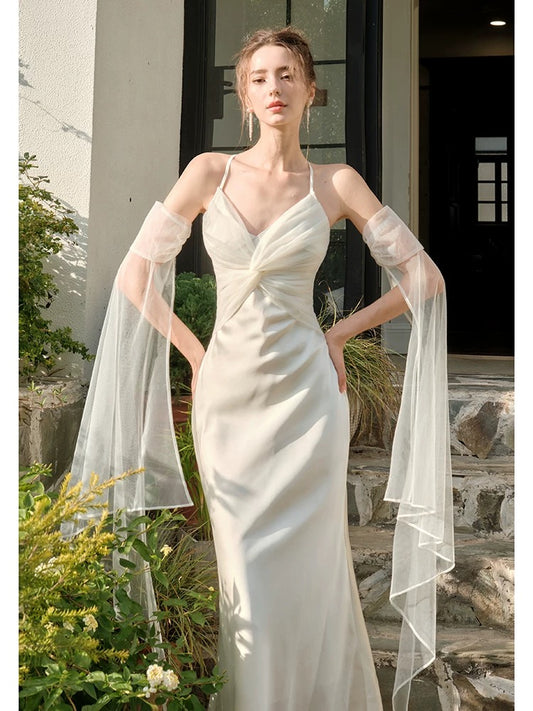 Pretty Mermaid Spaghetti Straps White Long Prom Dresses Party Evening Dress C3784