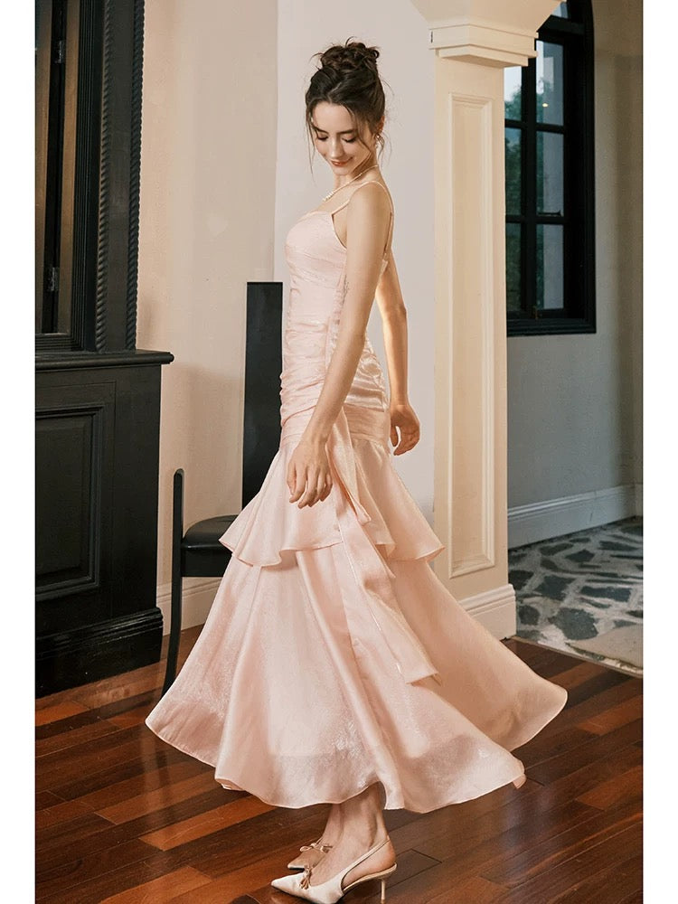 Pretty Mermaid Spaghetti Straps Pink Long Prom Dresses Party Evening Dress C3786