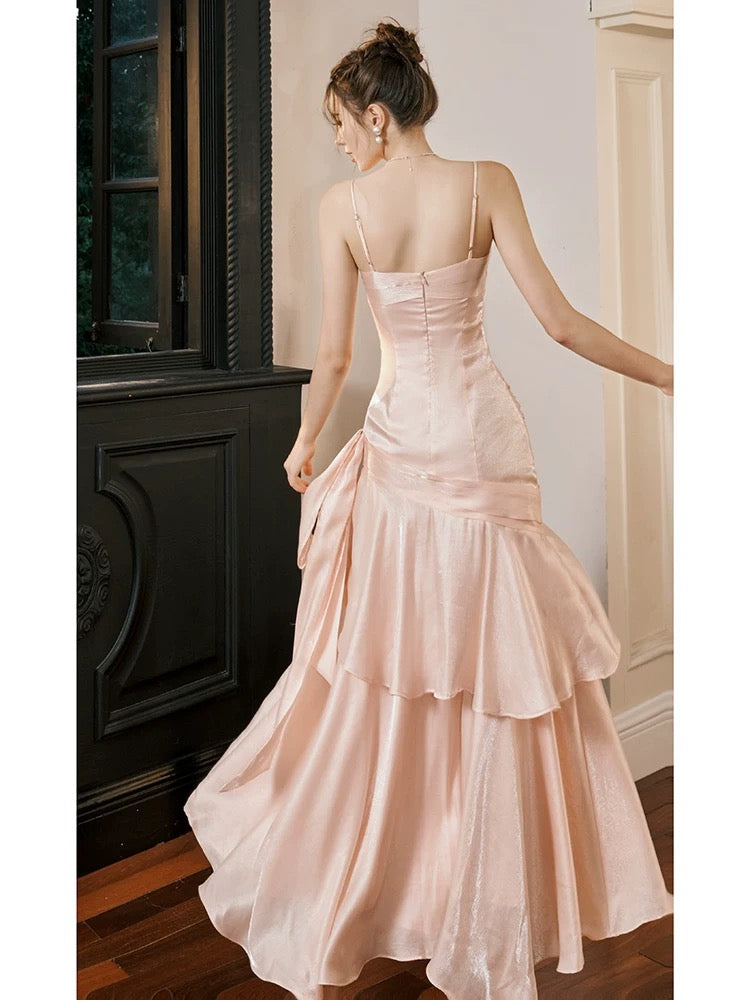Pretty Mermaid Spaghetti Straps Pink Long Prom Dresses Party Evening Dress C3786