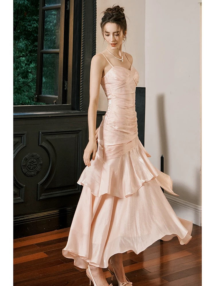 Pretty Mermaid Spaghetti Straps Pink Long Prom Dresses Party Evening Dress C3786