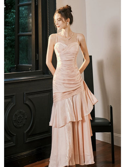 Pretty Mermaid Spaghetti Straps Pink Long Prom Dresses Party Evening Dress C3786