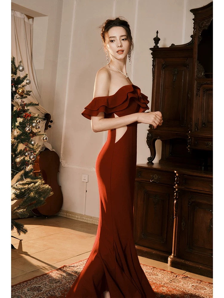 Pretty Mermaid Off The Shoulder Burgundy Satin Long Prom Dresses Party Evening Dress C3788