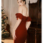 Pretty Mermaid Off The Shoulder Burgundy Satin Long Prom Dresses Party Evening Dress C3788