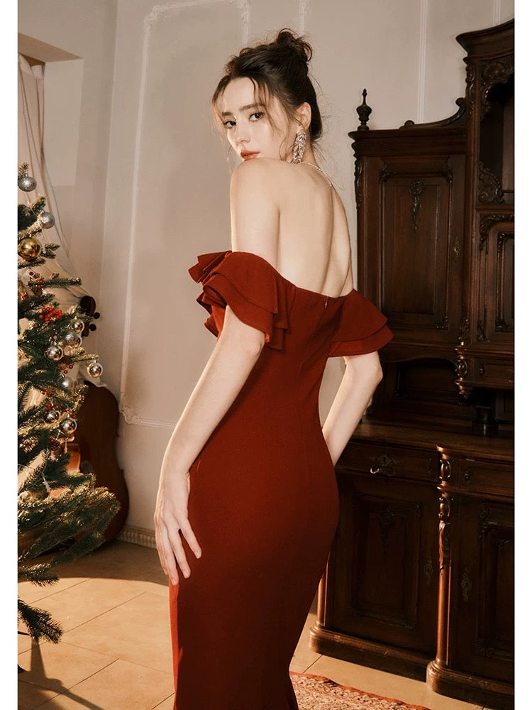 Pretty Mermaid Off The Shoulder Burgundy Satin Long Prom Dresses Party Evening Dress C3788