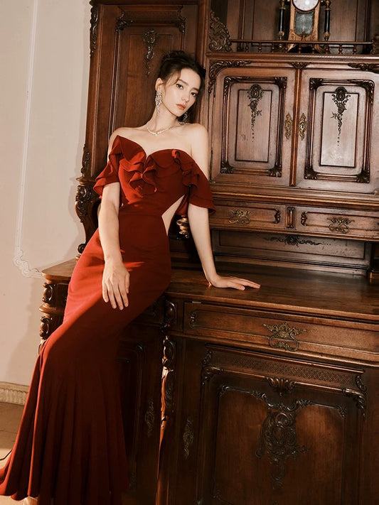 Pretty Mermaid Off The Shoulder Burgundy Satin Long Prom Dresses Party Evening Dress C3788