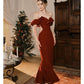Pretty Mermaid Off The Shoulder Burgundy Satin Long Prom Dresses Party Evening Dress C3788