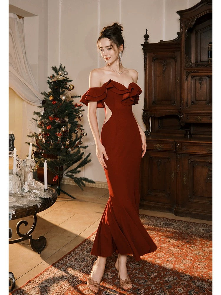 Pretty Mermaid Off The Shoulder Burgundy Satin Long Prom Dresses Party Evening Dress C3788