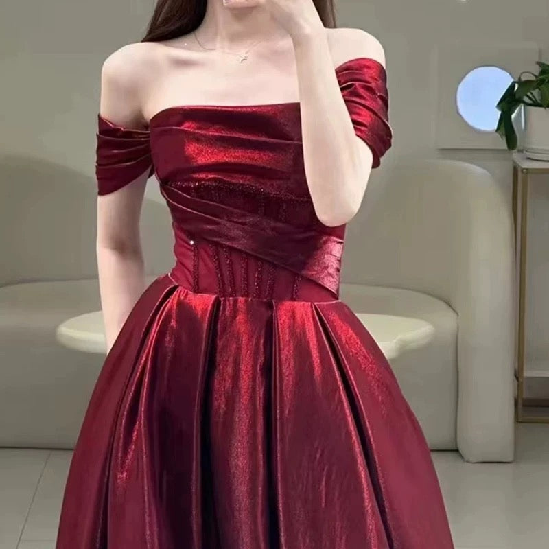 Pretty A line Off The Shoulder Burgundy Satin Long Prom Dresses Party Evening Dress C3790