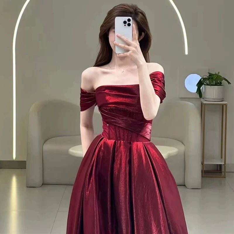 Pretty A line Off The Shoulder Burgundy Satin Long Prom Dresses Party Evening Dress C3790